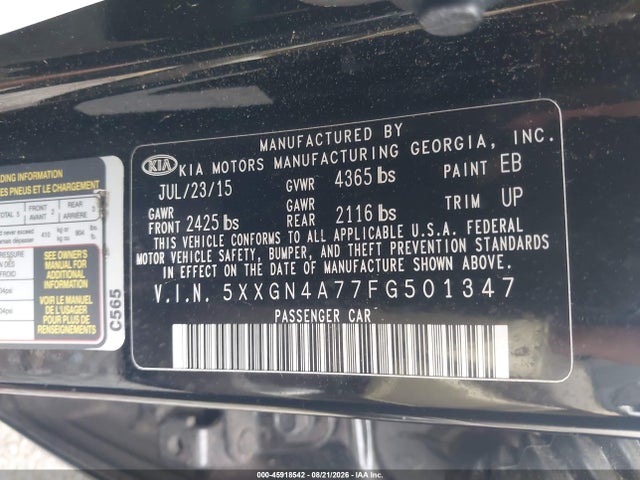 2015 Kia Optima Ex მანქანა იყიდება აუქციონზე, vin: 5XXGN4A77FG501347, აუქციონის ნომერი: 45918542