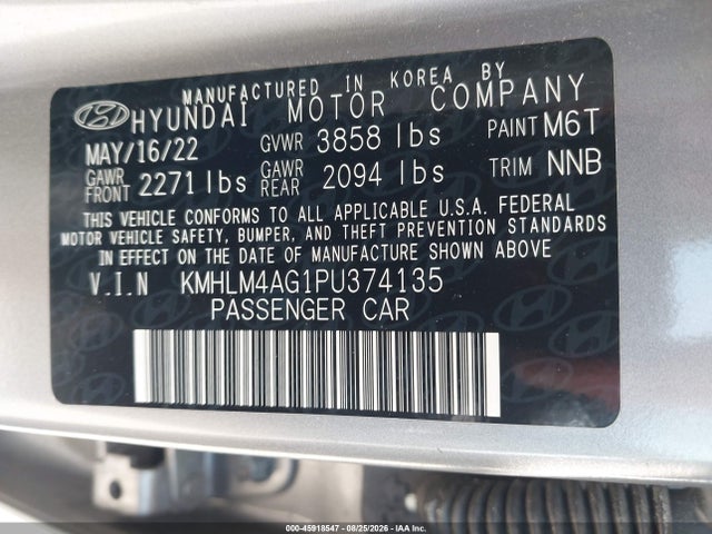 Auction sale of the 2023 Hyundai Elantra Sel, vin: KMHLM4AG1PU374135, lot number: 45918547