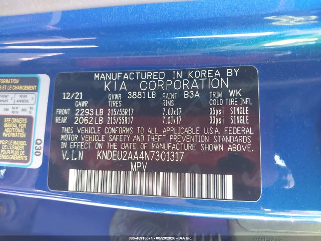 45918571 :رقم المزاد ، KNDEU2AA4N7301317 vin ، 2022 Kia Seltos S مزاد بيع