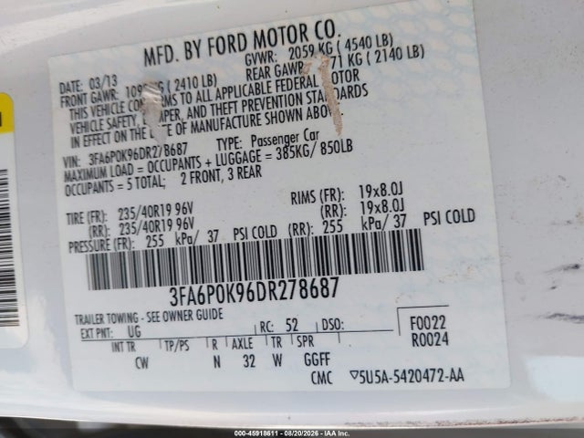 Aukcja sprzedaży 2013 Ford Fusion Titanium, vin: 3FA6P0K96DR278687, numer aukcji: 45918611