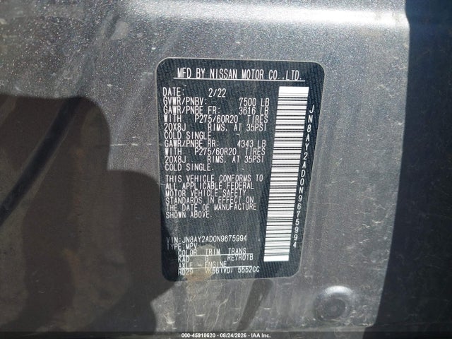 2022 Nissan Armada Sv 4wd მანქანა იყიდება აუქციონზე, vin: JN8AY2AD0N9675994, აუქციონის ნომერი: 45918620