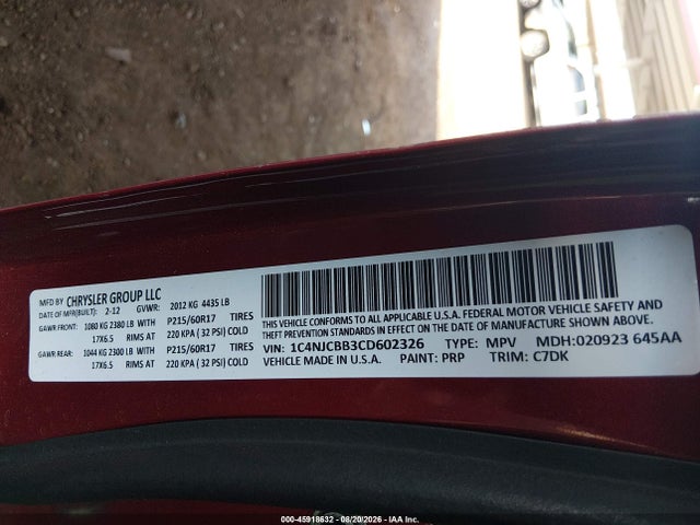 Продаж на аукціоні авто 2012 Jeep Compass Sport, vin: 1C4NJCBB3CD602326, номер лоту: 45918632