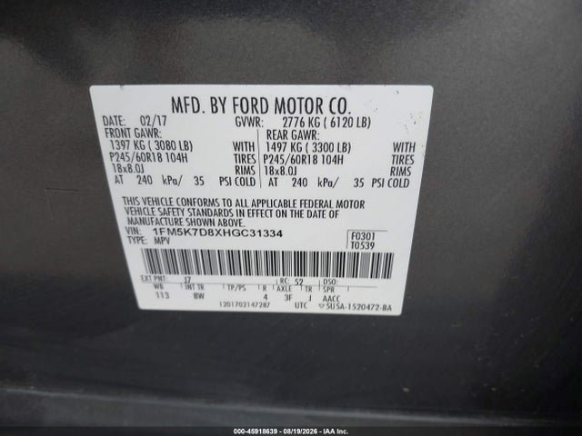 2017 Ford Explorer Xlt მანქანა იყიდება აუქციონზე, vin: 1FM5K7D8XHGC31334, აუქციონის ნომერი: 45918639