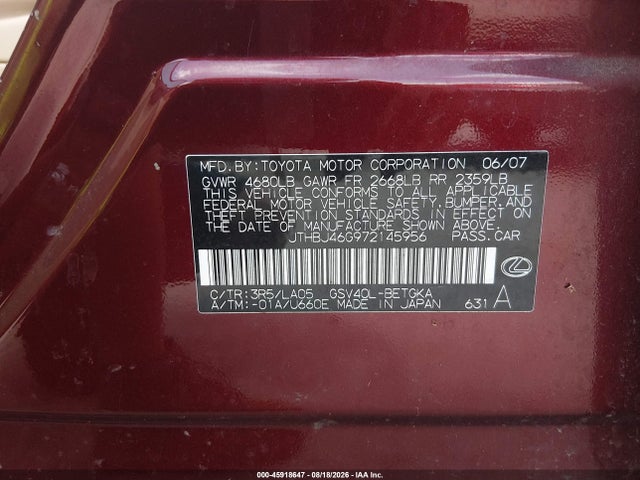 45918647 :رقم المزاد ، JTHBJ46G972145956 vin ، 2007 Lexus Es 350 مزاد بيع