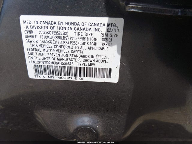 Aukcja sprzedaży 2010 Acura Mdx Technology Package, vin: 2HNYD2H60AH509573, numer aukcji: 45918650