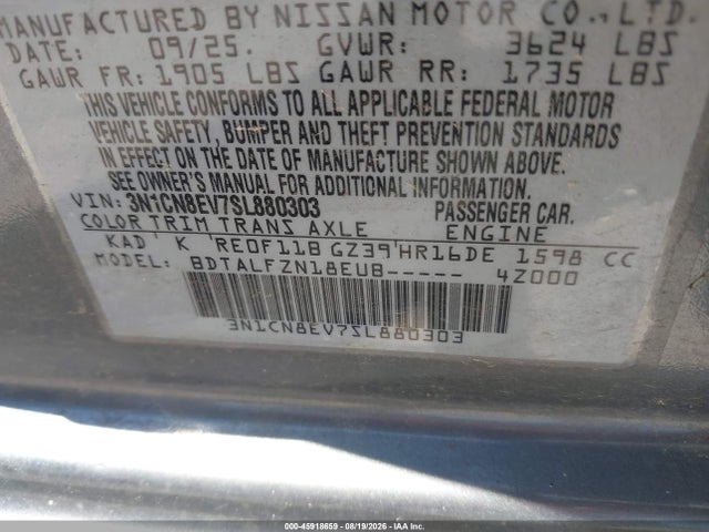 Продаж на аукціоні авто 2025 Nissan Versa 1.6 Sv, vin: 3N1CN8EV7SL880303, номер лоту: 45918659