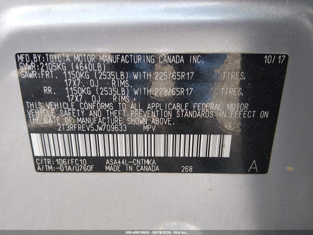 45918658 :رقم المزاد ، 2T3RFREV5JW709633 vin ، 2018 Toyota Rav4 Xle مزاد بيع