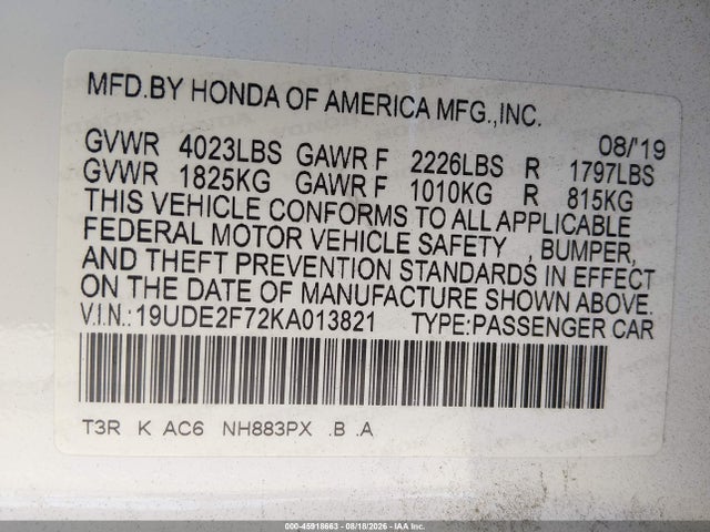 Aukcja sprzedaży 2019 Acura Ilx, vin: 19UDE2F72KA013821, numer aukcji: 45918663