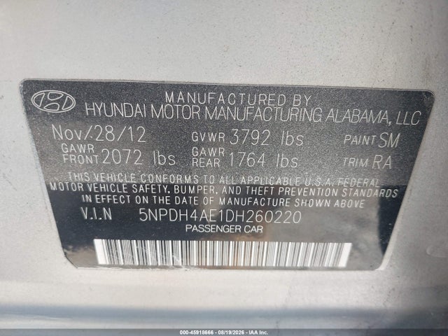 45918666 :رقم المزاد ، 5NPDH4AE1DH260220 vin ، 2013 Hyundai Elantra Gls مزاد بيع