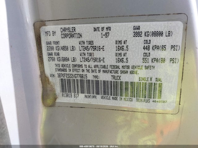 Aukcja sprzedaży 1997 Dodge Ram 2500 St, vin: 3B7KF23Z2VG776615, numer aukcji: 45918670
