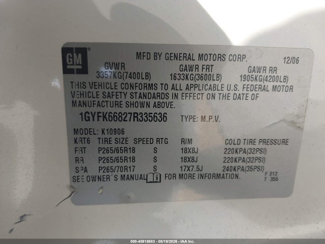 Aukcja sprzedaży 2007 Cadillac Escalade Esv Standard, vin: 1GYFK66827R335636, numer aukcji: 45918683