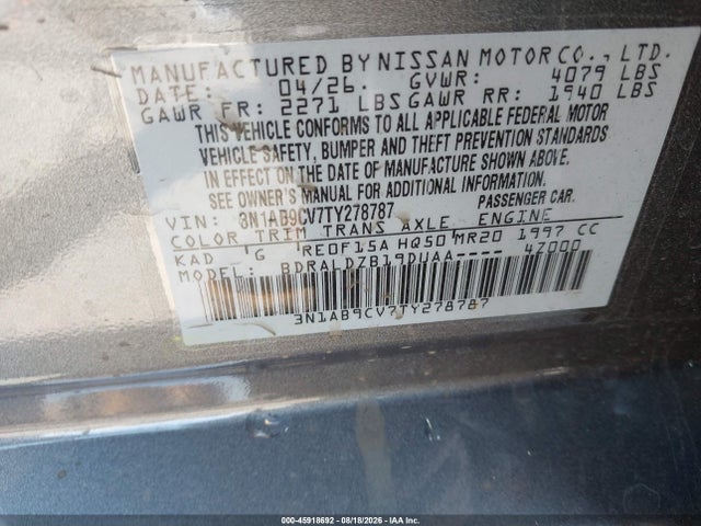 2026 Nissan Sentra Sv მანქანა იყიდება აუქციონზე, vin: 3N1AB9CV7TY278787, აუქციონის ნომერი: 45918692