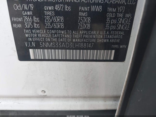 2020 Hyundai Santa Fe Sel მანქანა იყიდება აუქციონზე, vin: 5NMS33AD3LH188147, აუქციონის ნომერი: 45918699