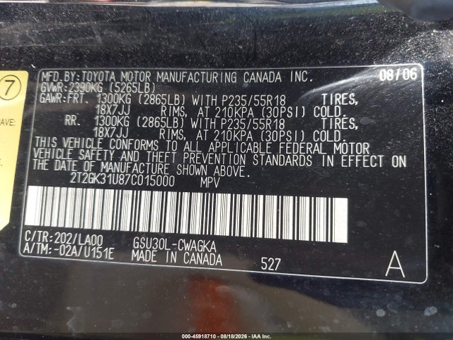 Auction sale of the 2007 Lexus Rx 350, vin: 2T2GK31U87C015000, lot number: 45918710