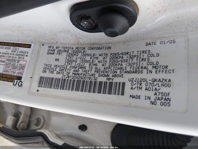 Aukcja sprzedaży 2005 Lexus Gx 470, vin: JTJBT20X250078132, numer aukcji: 45918722