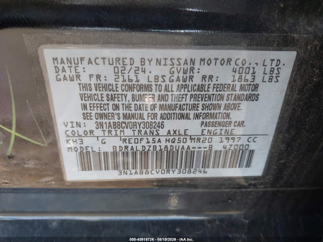 Продажа на аукционе авто 2024 Nissan Sentra Sv Xtronic Cvt, vin: 3N1AB8CV0RY308246, номер лота: 45918726