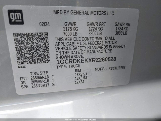 Продаж на аукціоні авто 2024 Chevrolet Silverado 1500 4wd  Standard Bed Lt With 2ft, vin: 1GCRDKEKXRZ260528, номер лоту: 45918731
