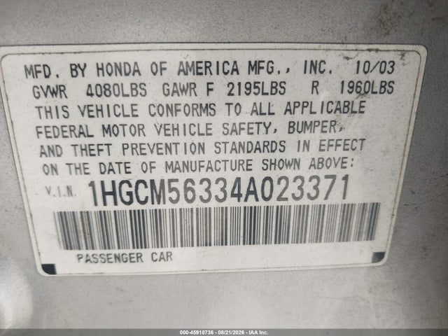 2004 Honda Accord 2.4 Lx მანქანა იყიდება აუქციონზე, vin: 1HGCM56334A023371, აუქციონის ნომერი: 45918736