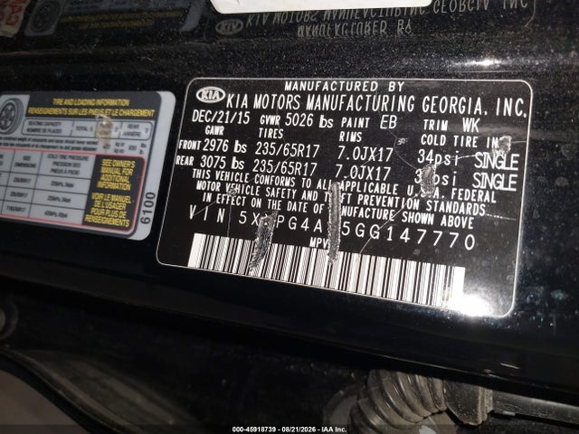 Aukcja sprzedaży 2016 Kia Sorento 2.4l Lx, vin: 5XYPG4A35GG147770, numer aukcji: 45918739
