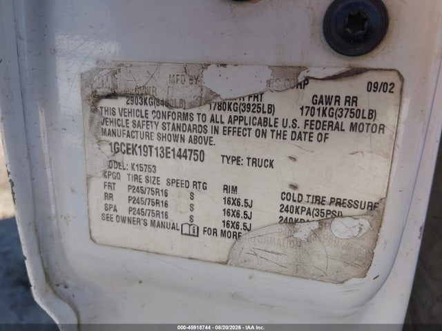 2003 Chevrolet Silverado 1500 მანქანა იყიდება აუქციონზე, vin: 1GCEK19T13E144750, აუქციონის ნომერი: 45918744