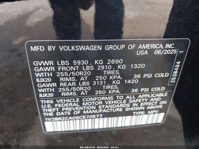Продажа на аукционе авто 2025 Volkswagen Atlas 2.0t Sel, vin: 1V2BR2CA0SC570577, номер лота: 45918749