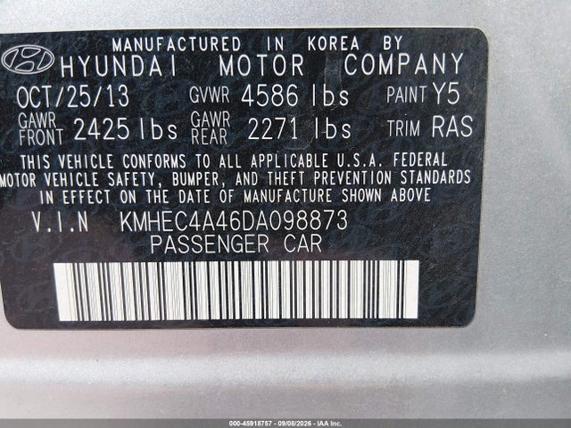 Auction sale of the 2013 Hyundai Sonata Hybrid Limited, vin: KMHEC4A46DA098873, lot number: 45918757