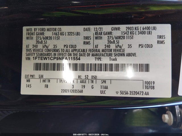 Продаж на аукціоні авто 2022 Ford F-150 Xlt, vin: 1FTEW1CP9NFA11554, номер лоту: 45918771