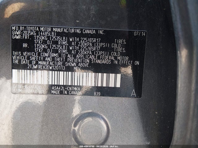 45918785 :رقم المزاد ، 2T3WFREV2EW120113 vin ، 2014 Toyota Rav4 Xle مزاد بيع