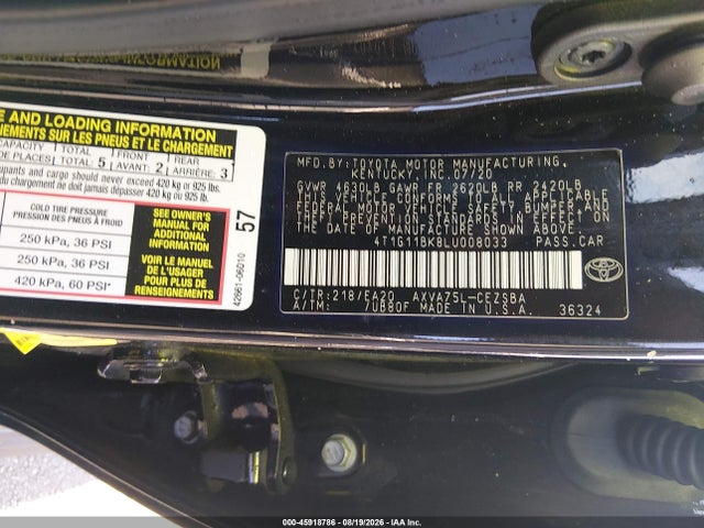 Auction sale of the 2020 Toyota Camry Se Awd, vin: 4T1G11BK8LU008033, lot number: 45918786