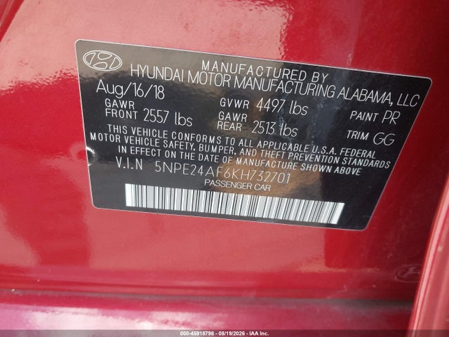 Aukcja sprzedaży 2019 Hyundai Sonata Se, vin: 5NPE24AF6KH732701, numer aukcji: 45918798