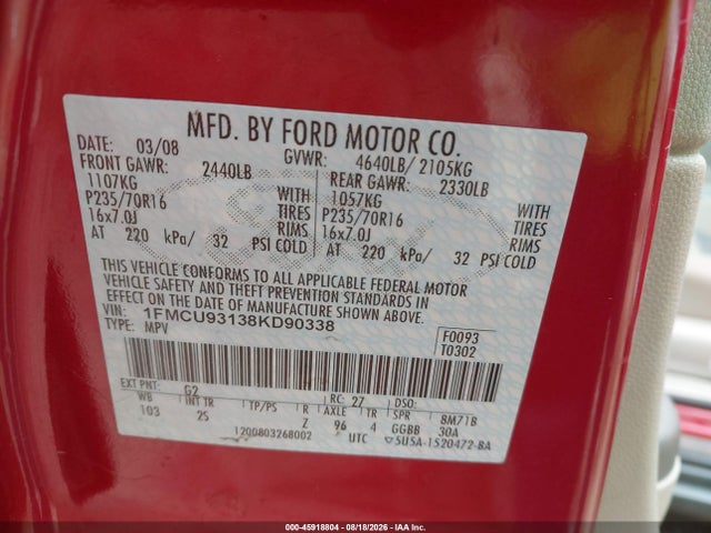 45918804 :رقم المزاد ، 1FMCU93138KD90338 vin ، 2008 Ford Escape Xlt مزاد بيع