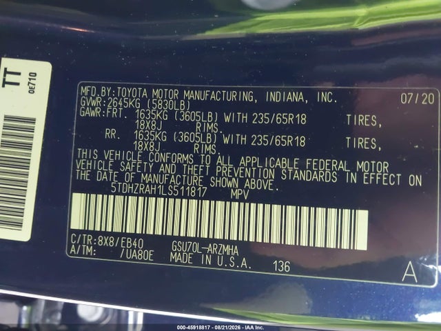 2020 Toyota Highlander Xle მანქანა იყიდება აუქციონზე, vin: 5TDHZRAH1LS511817, აუქციონის ნომერი: 45918817