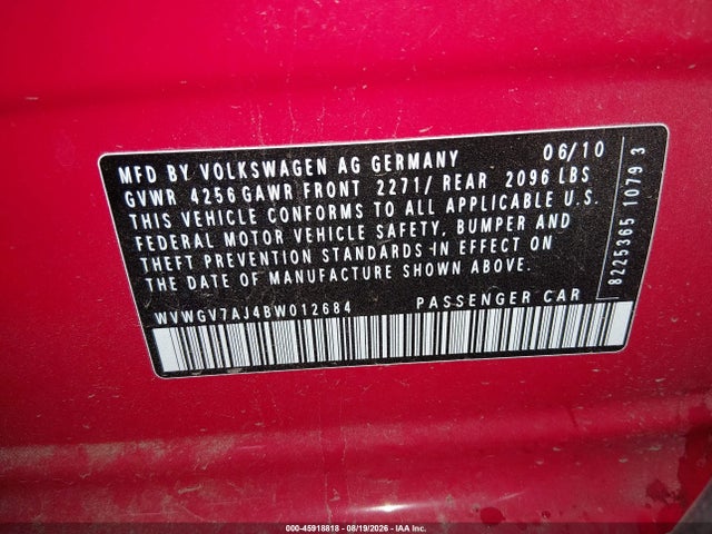 45918818 :رقم المزاد ، WVWGV7AJ4BW012684 vin ، 2011 Volkswagen Gti 4-door/4-door Autobahn مزاد بيع