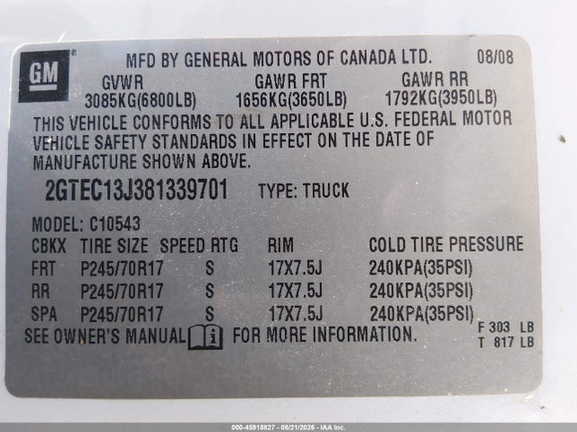 Продажа на аукционе авто 2008 Gmc Sierra 1500 Sle2, vin: 2GTEC13J381339701, номер лота: 45918827