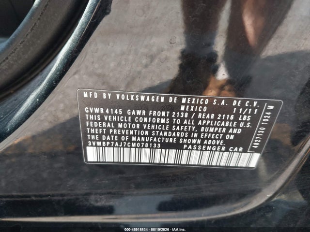 2012 Volkswagen Jetta 2.5l Se მანქანა იყიდება აუქციონზე, vin: 3VWBP7AJ7CM078133, აუქციონის ნომერი: 45918834