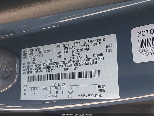 Продаж на аукціоні авто 2023 Ford Escape, vin: 1FMCU0FN8PUA63012, номер лоту: 45918851