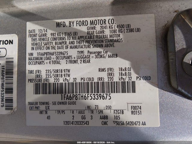 Ford Mustang Ecoboost 2015 1FA6P8TH6F5339675 Image 9