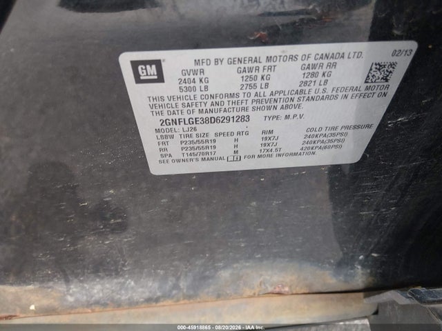 Продажа на аукционе авто 2013 Chevrolet Equinox Ltz, vin: 2GNFLGE38D6291283, номер лота: 45918865