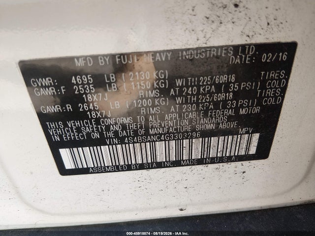 Aukcja sprzedaży 2016 Subaru Outback 2.5i Limited, vin: 4S4BSANC4G3303296, numer aukcji: 45918874