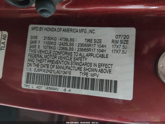 Продаж на аукціоні авто 2020 Honda Cr-v Awd Lx, vin: 5J6RW2H21LA013419, номер лоту: 45918882
