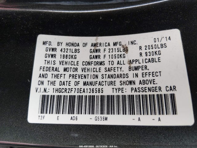 2014 Honda Accord Ex მანქანა იყიდება აუქციონზე, vin: 1HGCR2F70EA136585, აუქციონის ნომერი: 45918886