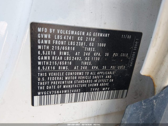 2009 Volkswagen Tiguan S მანქანა იყიდება აუქციონზე, vin: WVGCV75N49W524883, აუქციონის ნომერი: 45918907