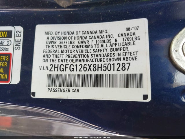 Aukcja sprzedaży 2008 Honda Civic Lx, vin: 2HGFG126X8H501287, numer aukcji: 45918911