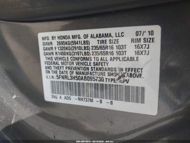 45918918 :رقم المزاد ، 5FNRL3H50AB095730 vin ، 2010 Honda Odyssey Ex مزاد بيع
