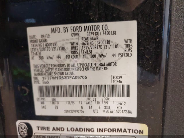 45918921 :رقم المزاد ، 1FTFW1R63DFA09705 vin ، 2013 Ford F-150 Svt Raptor مزاد بيع