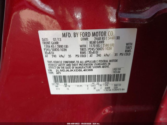45918922 :رقم المزاد ، 2LMDJ6JKXDBL40388 vin ، 2013 Lincoln Mkx مزاد بيع