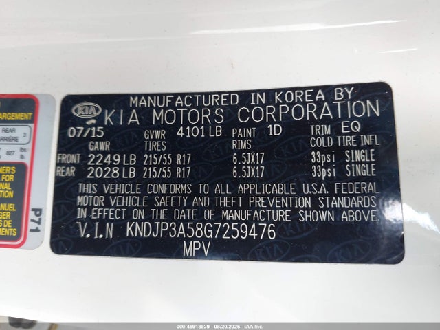 45918929 :رقم المزاد ، KNDJP3A58G7259476 vin ، 2016 Kia Soul + مزاد بيع