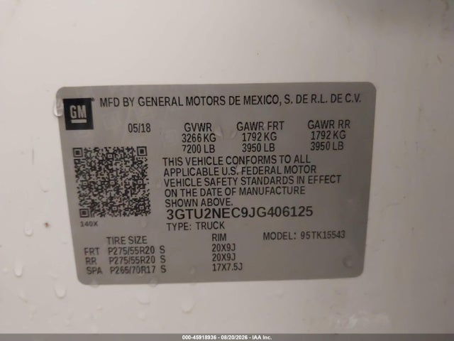45918936 :رقم المزاد ، 3GTU2NEC9JG406125 vin ، 2018 Gmc Sierra 1500 Slt مزاد بيع
