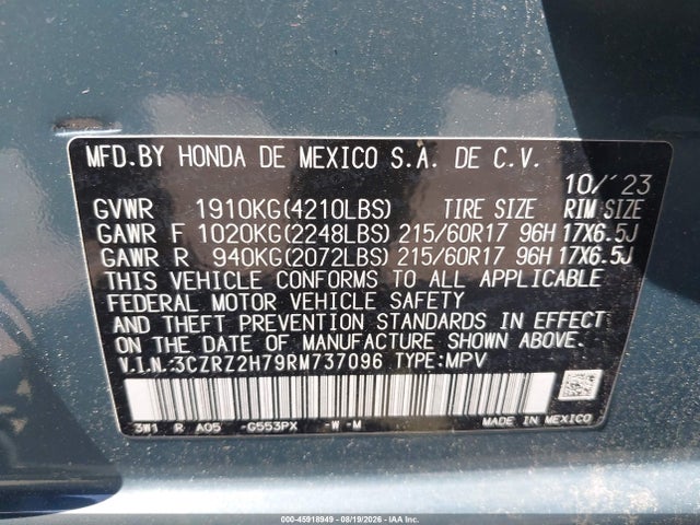 45918949 :رقم المزاد ، 3CZRZ2H79RM737096 vin ، 2024 Honda Hr-v Awd Ex-l/awd Ex-l W/o Bsi مزاد بيع