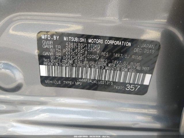 Aukcja sprzedaży 2020 Mitsubishi Outlander Sport 2.0 Es, vin: JA4AP3AU4LU021315, numer aukcji: 45918959